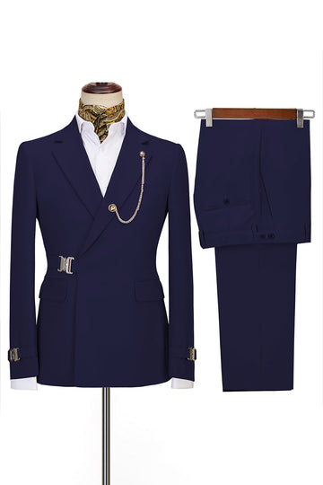 Navy Notched Lapel 2 Pieces Slim Fit Men Formal Suits with Lapel Chain